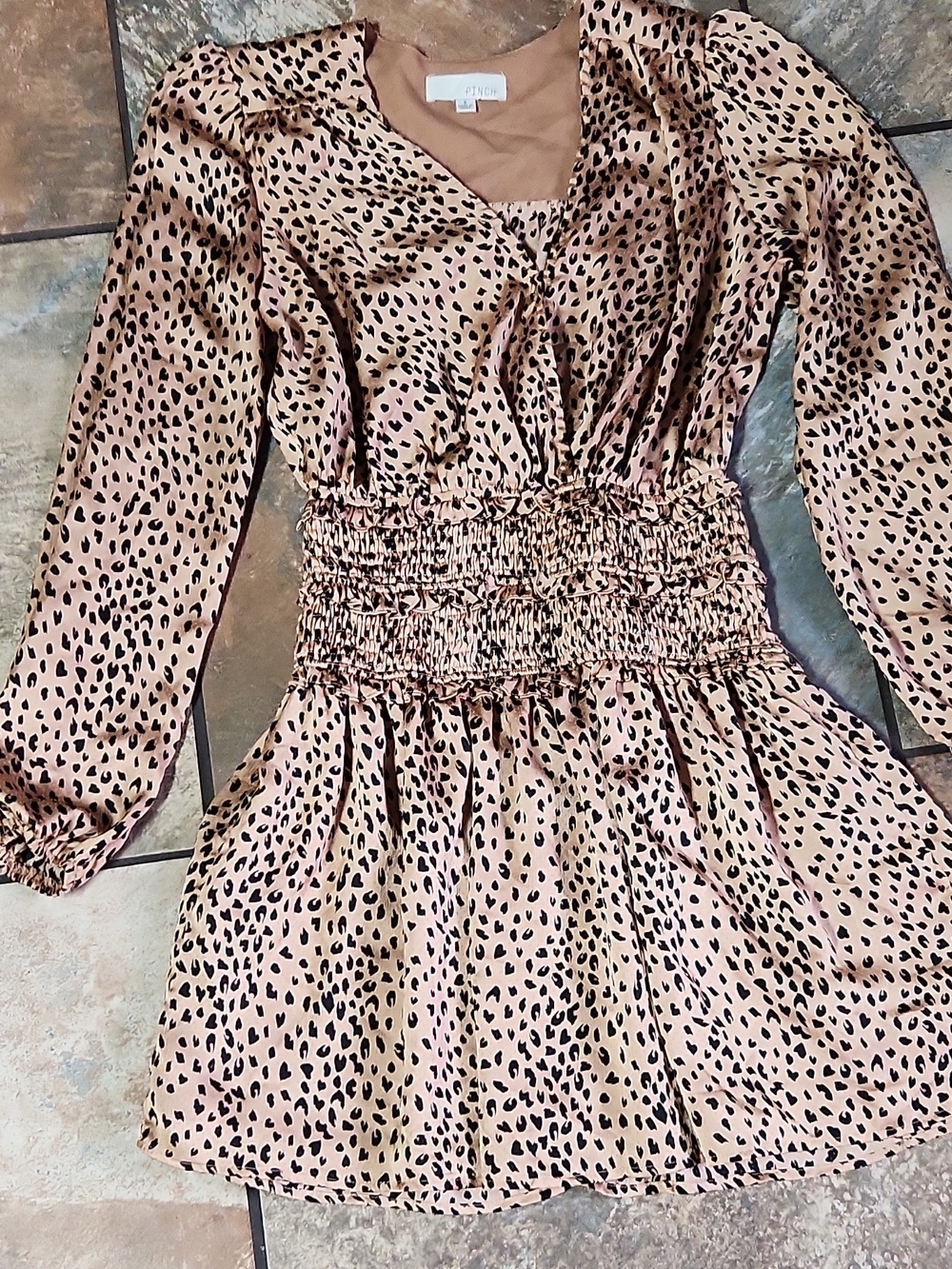Pinch Pink Tan Animal Print Long Sleeve Smocked Waist Dress